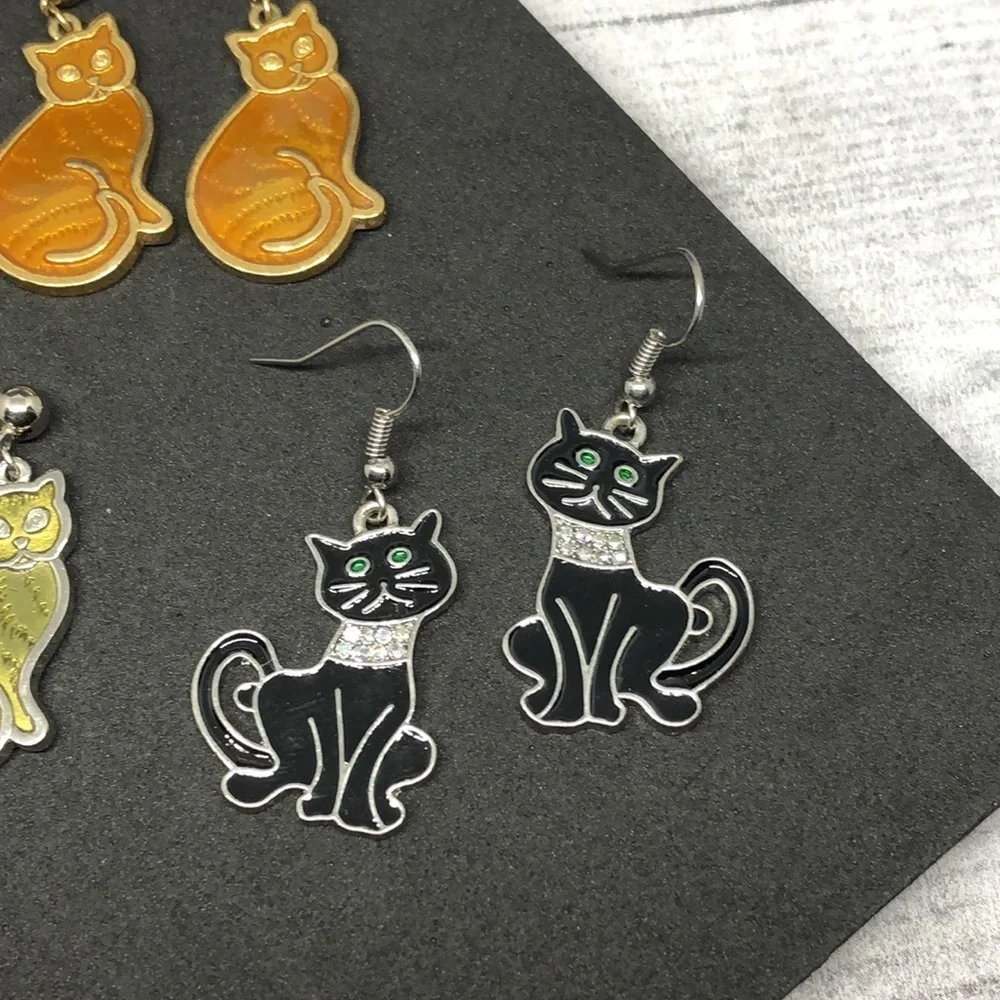 Bundle lot 3 pairs kitty cat dangle drop enamel earrings cat lovers, whimsy.
